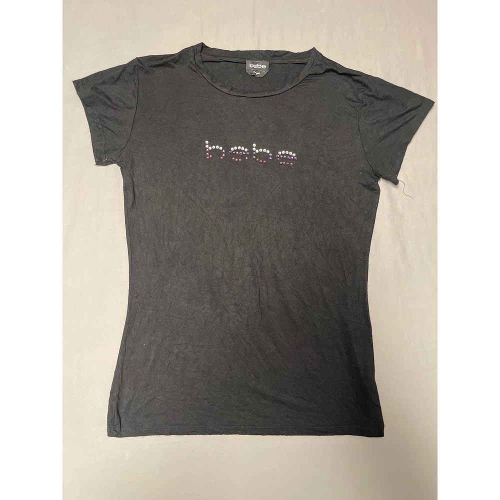 Bebe Womens Black Rhinestone Logo T-Shirt Short Sleeve Y2K Rayon Top Size M